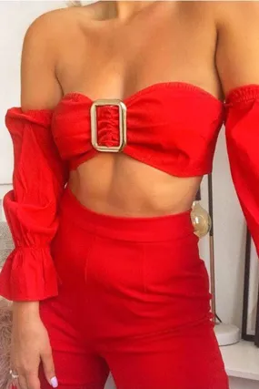 Red Buckle Front Extreme Bardot Crop Top - Theora