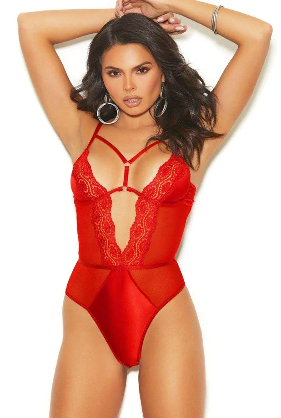 Red Satin & Sheer Mesh Bodysuit Lingerie