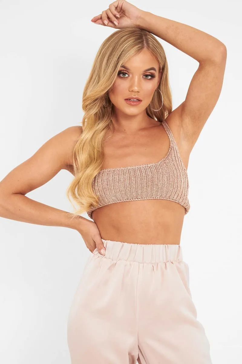 Rose Gold Knitted One Shoulder Crop Top - Houda