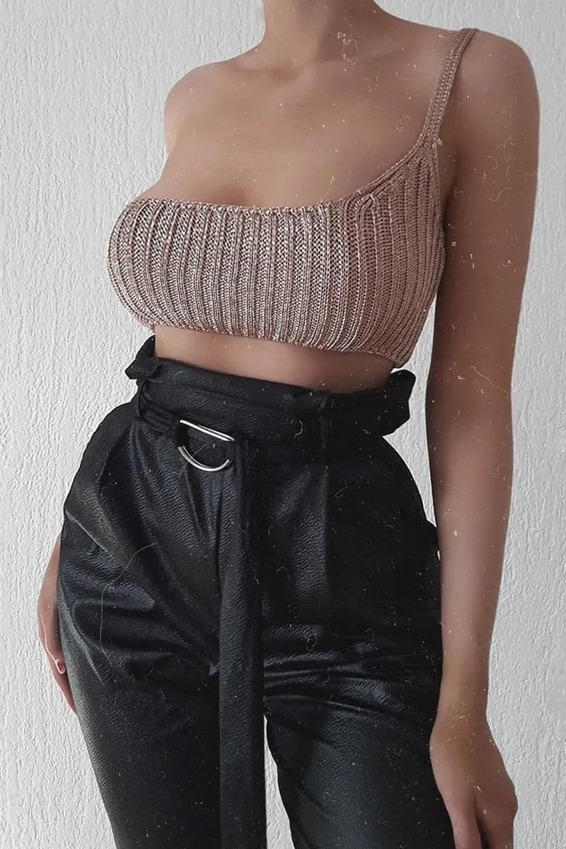 Rose Gold Knitted One Shoulder Crop Top - Houda