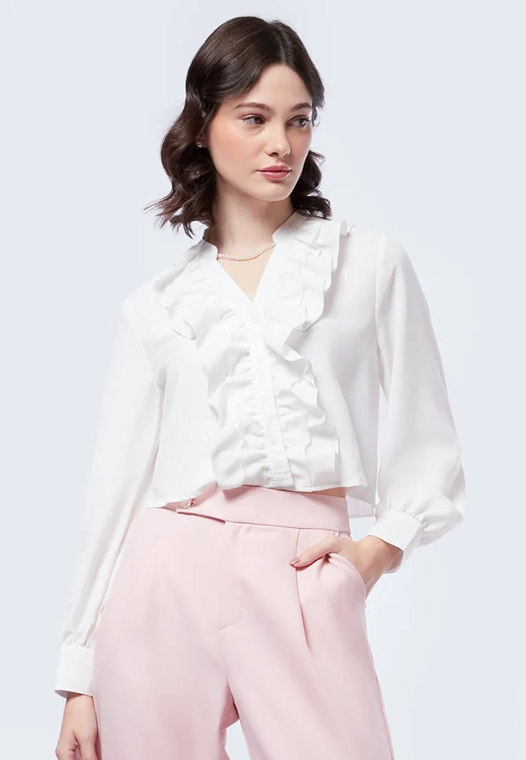 Ruffled V-Neck Long Sleeve Crop Blouse