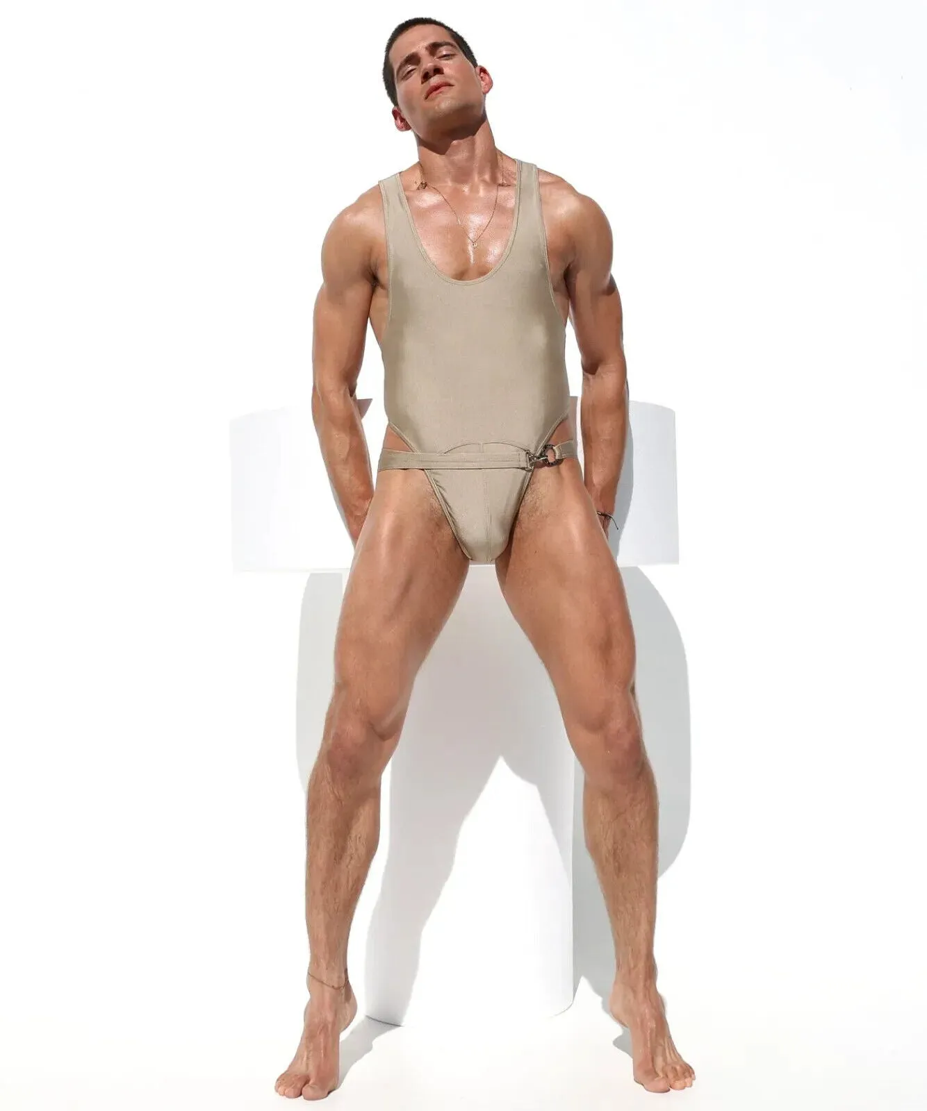 RUFSKIN Swimwear BASILE Swim-Brief Bodysuit Singlet Chrome Buckle in Gold B8