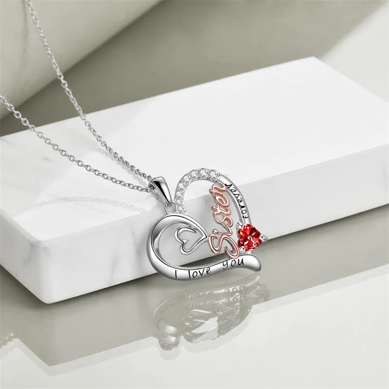 Sterling Silver Birthstone Sister Pendant Necklace Engraved WithI Love You Forever