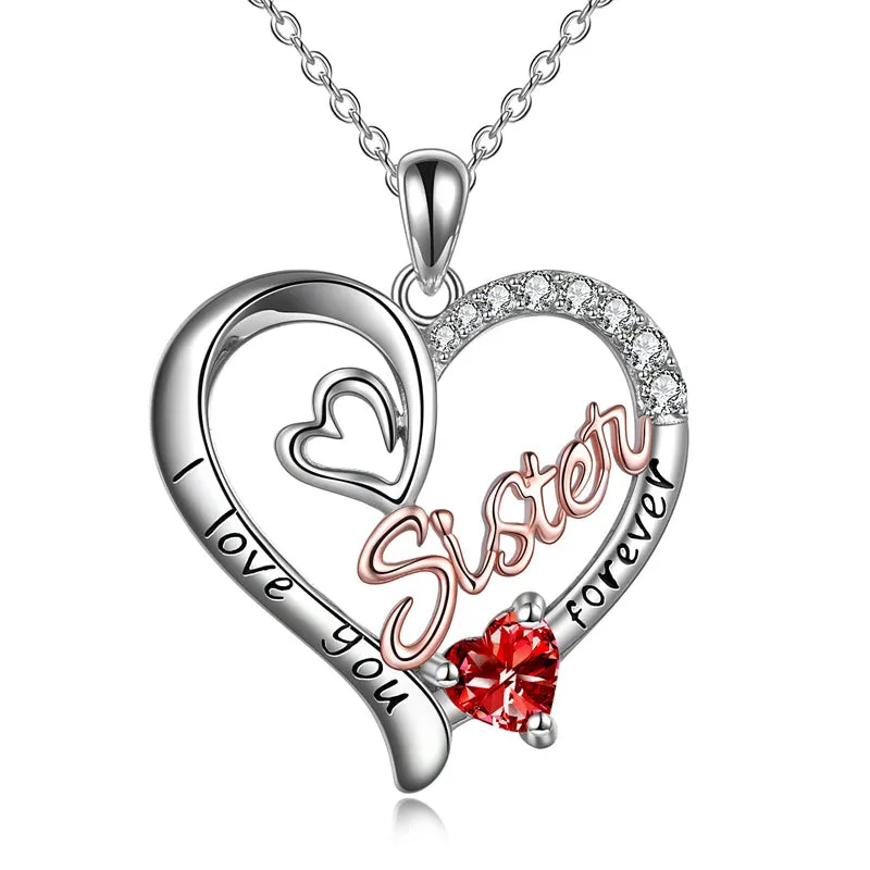 Sterling Silver Birthstone Sister Pendant Necklace Engraved WithI Love You Forever