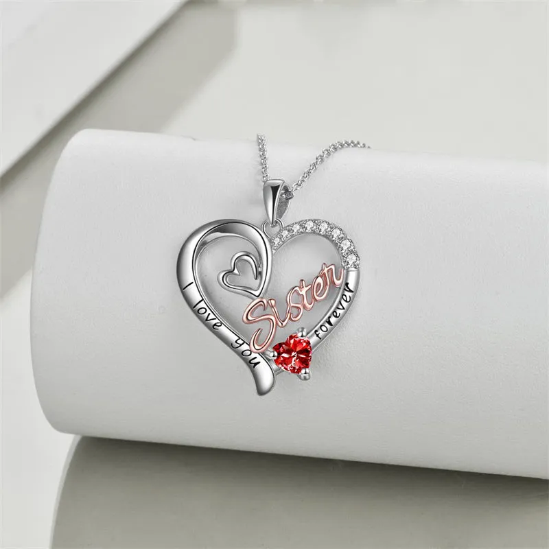 Sterling Silver Birthstone Sister Pendant Necklace Engraved WithI Love You Forever