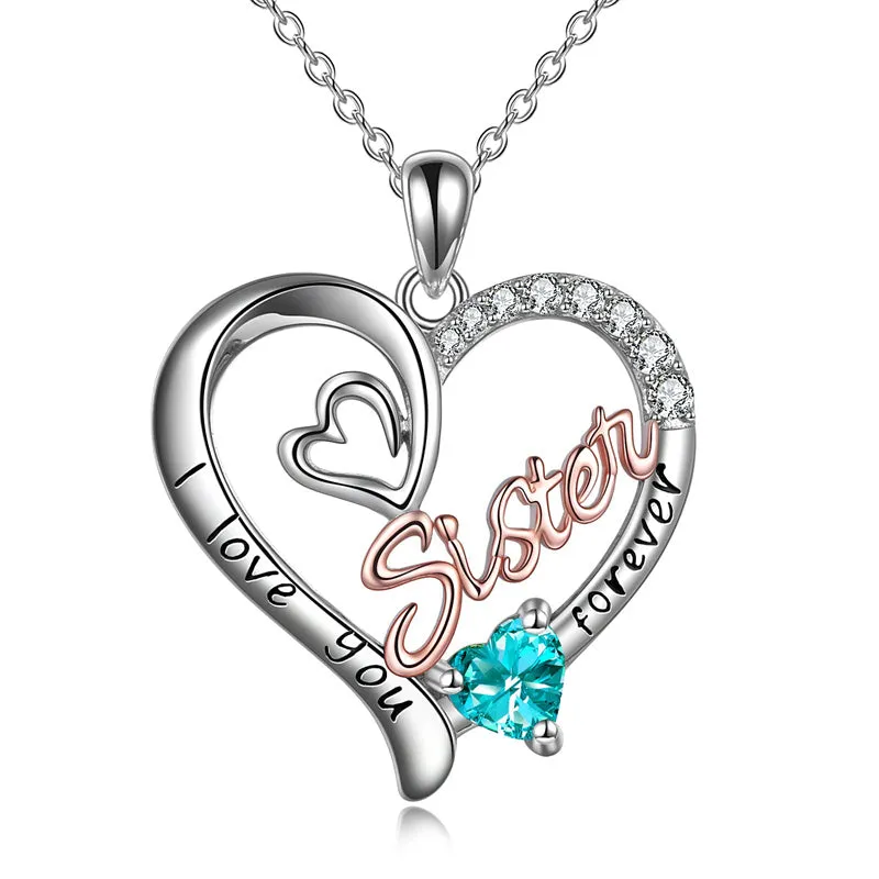 Sterling Silver Birthstone Sister Pendant Necklace Engraved WithI Love You Forever