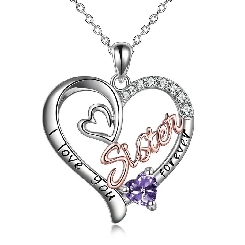 Sterling Silver Birthstone Sister Pendant Necklace Engraved WithI Love You Forever