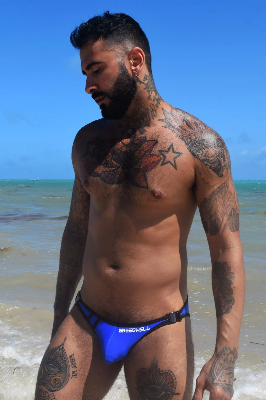 Swimwear BREEDWELL Scandal Mankini Sexy Swim-Brief Two Metal Side Buckle Blue 10