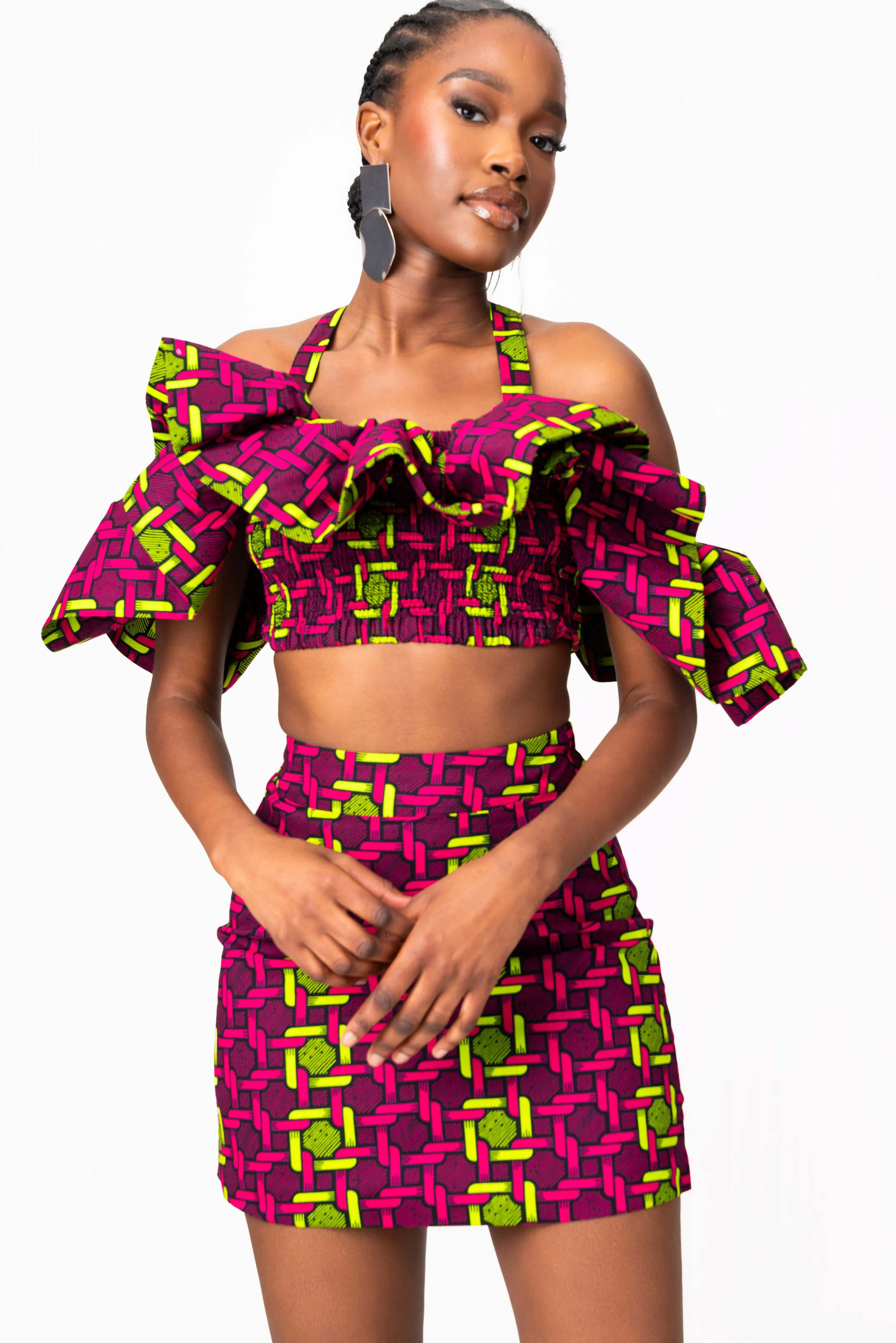 WUNMI African Print Ruffle Crop Top